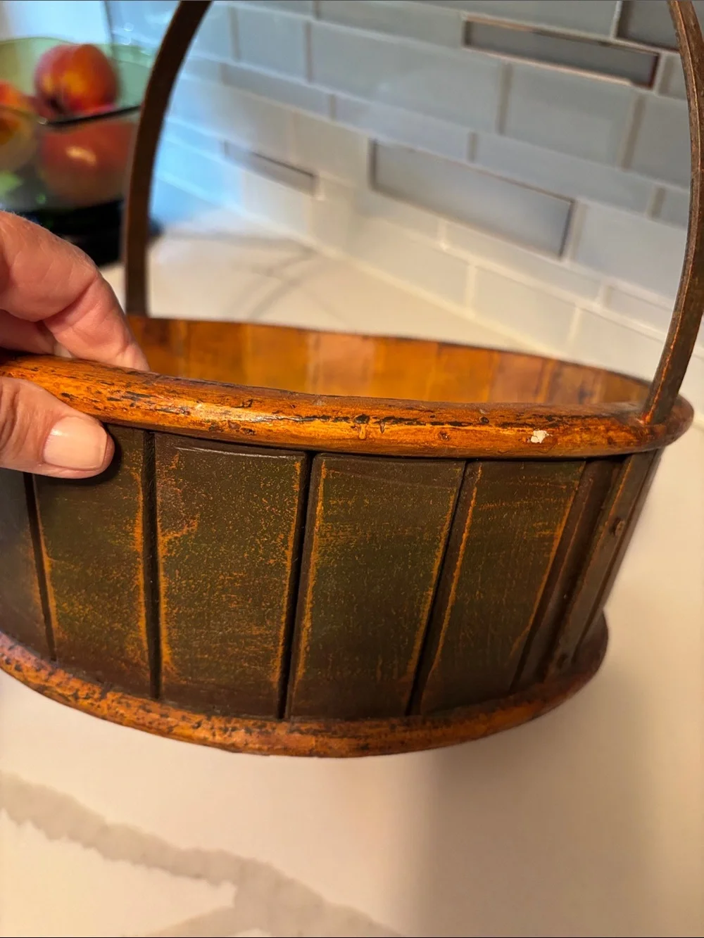 Vintage, Hand-Painted Rustic Orange Decorative Basket with Floral Accent